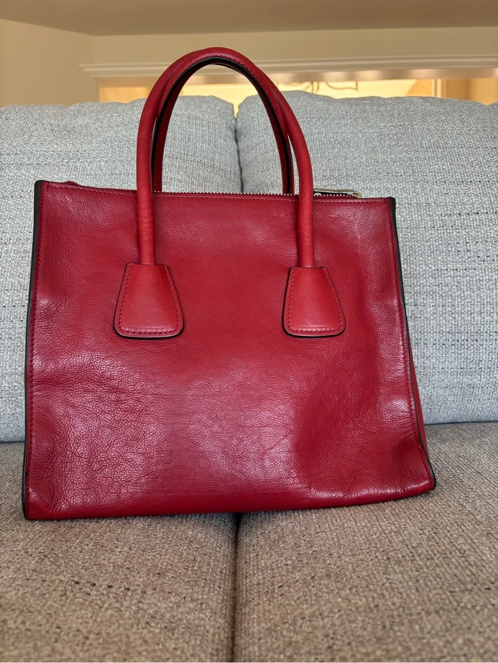 Prada Red Leather Structured Satchel with Double Handles
